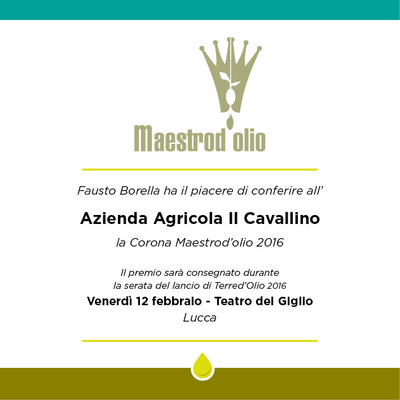 L'Olio extra vergine di oliva ''Il Cavallino'' Special edition premiato con la Corona Maestrod'olio 2016